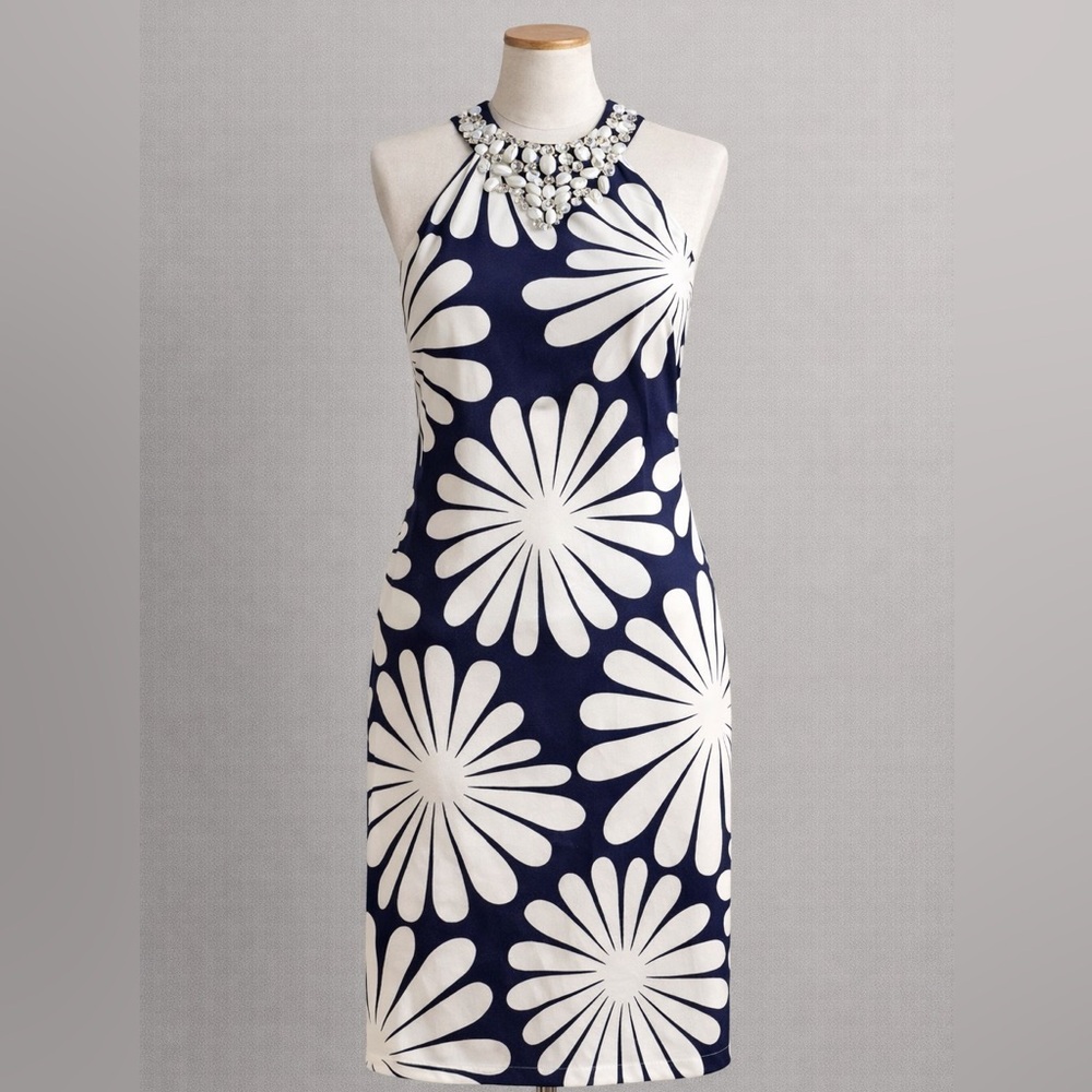 INC International Concepts Navy White Floral Jewel Neck Shift Dress Size 10